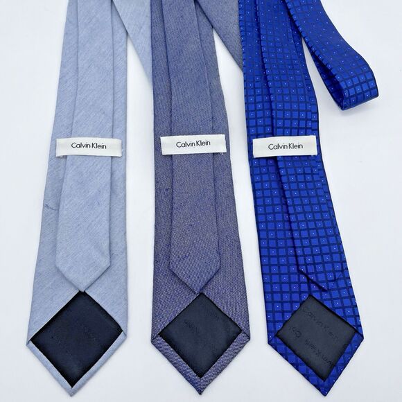 Calvin Klein Silk Blend Neckties Lot of 3 Blue Denim Window Pane Casual Elegant - Picture 2 of 16